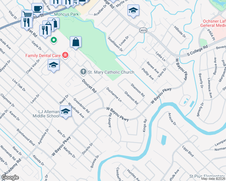 map of restaurants, bars, coffee shops, grocery stores, and more near 205 Ducharme Lane in Lafayette