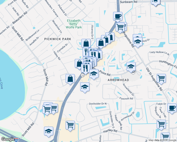 map of restaurants, bars, coffee shops, grocery stores, and more near 10061 San Jose Boulevard in Jacksonville