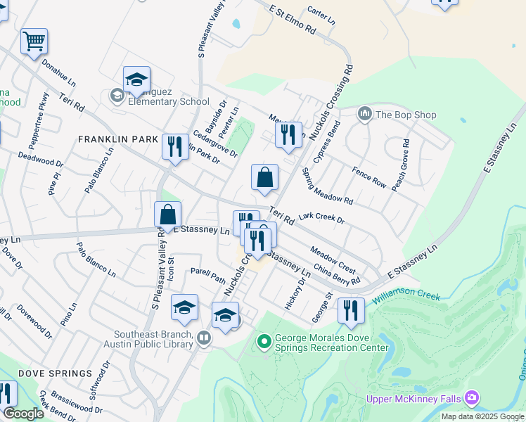 map of restaurants, bars, coffee shops, grocery stores, and more near 5103 Teri Road in Austin