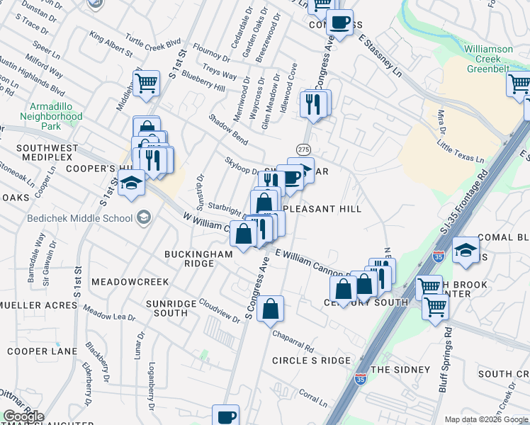 map of restaurants, bars, coffee shops, grocery stores, and more near 6507 Starstreak Drive in Austin