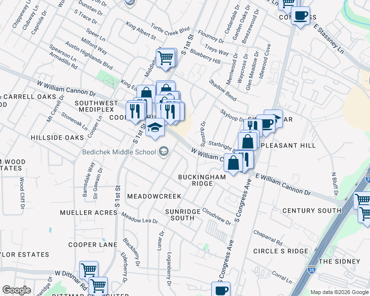 map of restaurants, bars, coffee shops, grocery stores, and more near 321 West William Cannon Drive in Austin