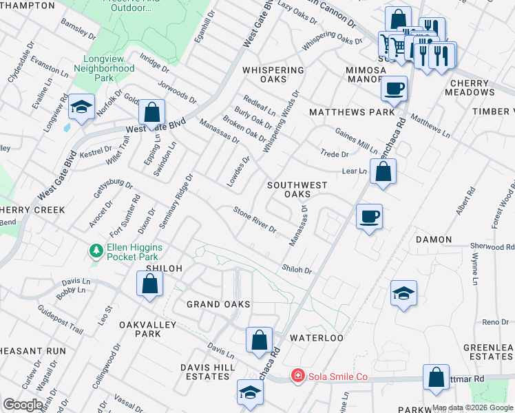 map of restaurants, bars, coffee shops, grocery stores, and more near 7912 Keneshaw Drive in Austin