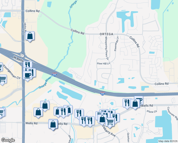 map of restaurants, bars, coffee shops, grocery stores, and more near 8415 Oak Crossing Drive West in Jacksonville