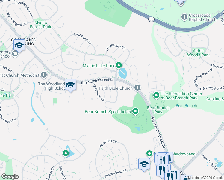 map of restaurants, bars, coffee shops, grocery stores, and more near 30 Sweetdream Place in Spring
