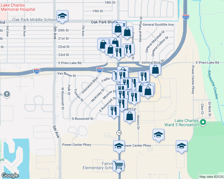 map of restaurants, bars, coffee shops, grocery stores, and more near 3437 McKinley Street in Lake Charles
