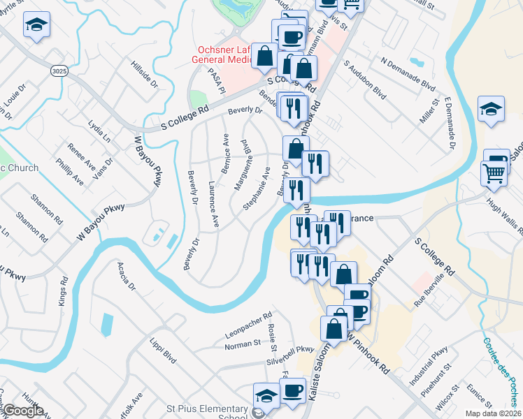 map of restaurants, bars, coffee shops, grocery stores, and more near 222 Beverly Drive in Lafayette