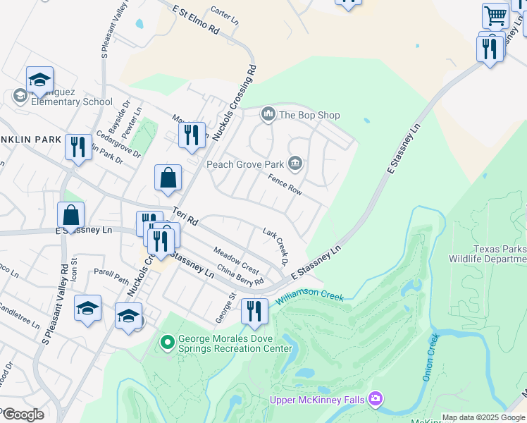 map of restaurants, bars, coffee shops, grocery stores, and more near 5605 Spring Meadow Road in Austin