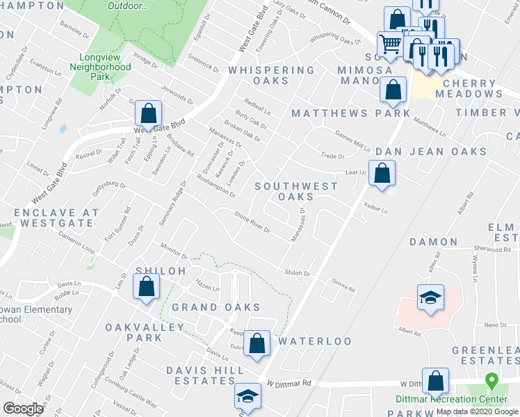 map of restaurants, bars, coffee shops, grocery stores, and more near 7912 Keneshaw Drive in Austin