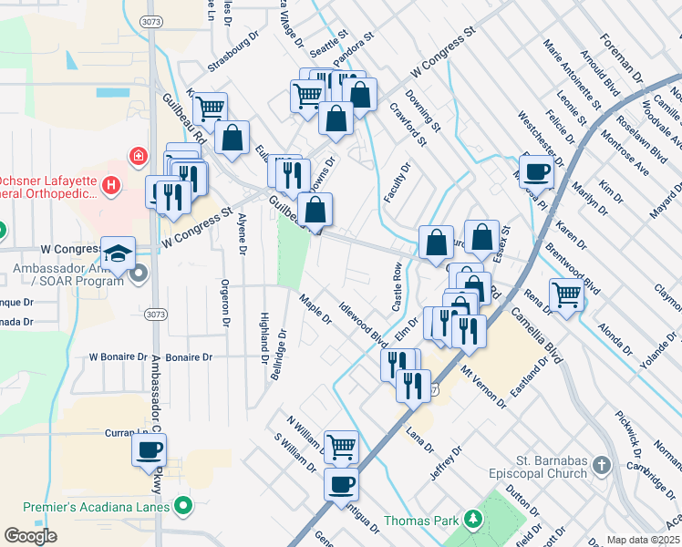 map of restaurants, bars, coffee shops, grocery stores, and more near 317 Guilbeau Road in Lafayette