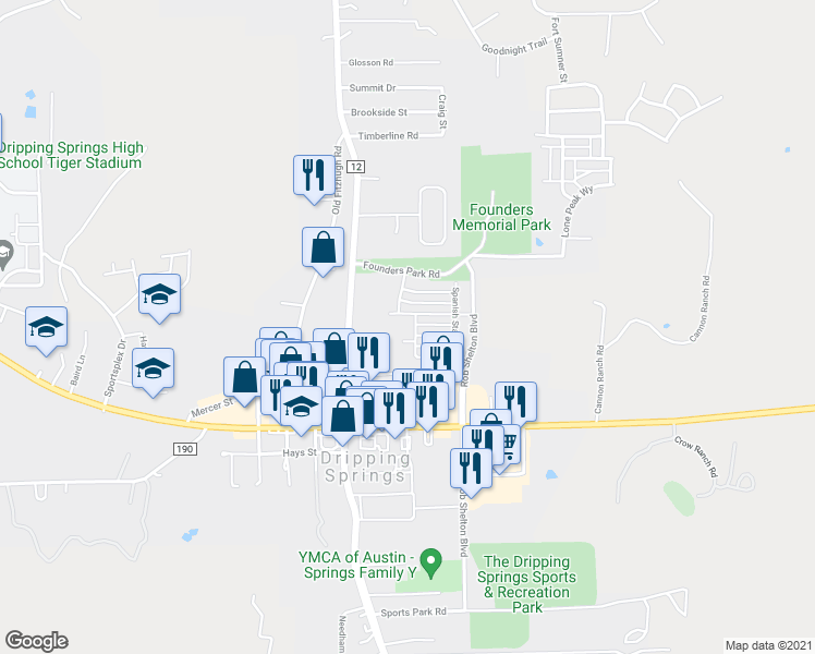map of restaurants, bars, coffee shops, grocery stores, and more near 130 Spanish Star Trail in Dripping Springs