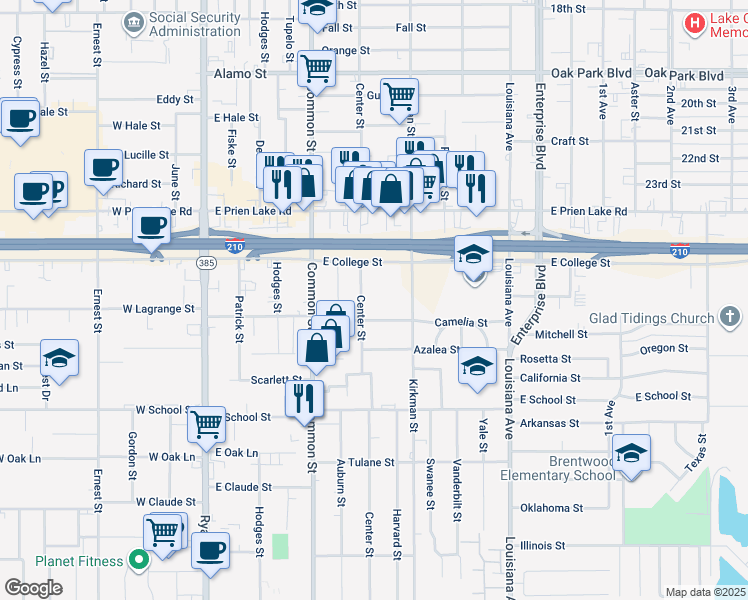 map of restaurants, bars, coffee shops, grocery stores, and more near 3435 Center St in Lake Charles