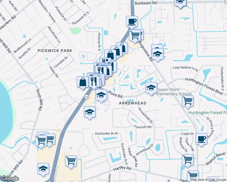 map of restaurants, bars, coffee shops, grocery stores, and more near 3683 Crown Point Road in Jacksonville
