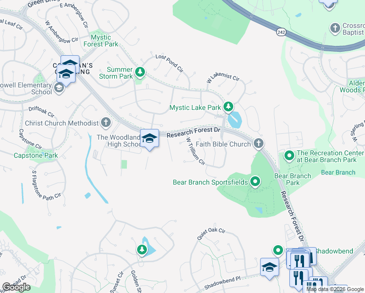 map of restaurants, bars, coffee shops, grocery stores, and more near 11 Amber Fire Place in Spring