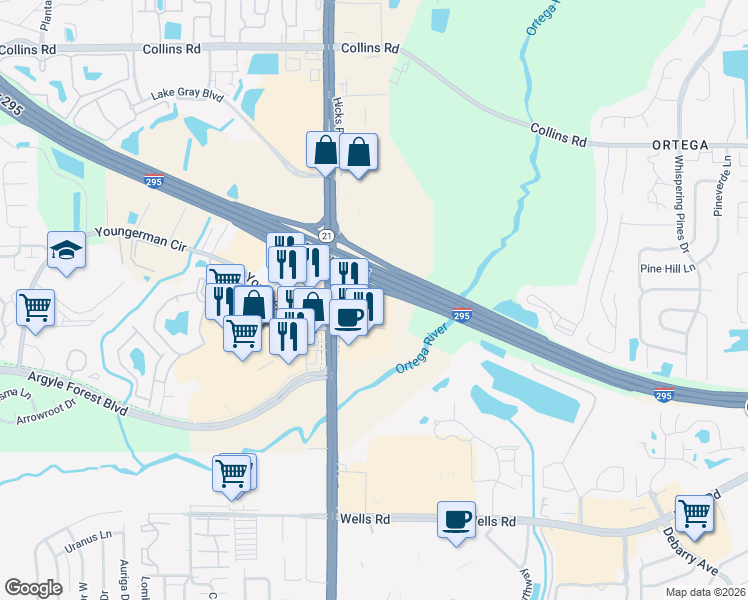 map of restaurants, bars, coffee shops, grocery stores, and more near 8555 Blanding Boulevard in Jacksonville