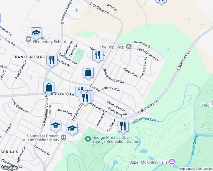 map of restaurants, bars, coffee shops, grocery stores, and more near 5402 Lark Creek Drive in Austin