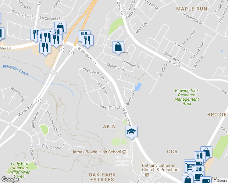 map of restaurants, bars, coffee shops, grocery stores, and more near 4436 Chickasaw Court in Austin
