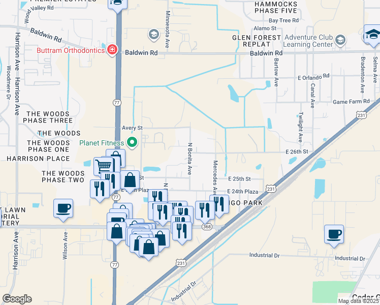 map of restaurants, bars, coffee shops, grocery stores, and more near 2583 North Bonita Avenue in Panama City