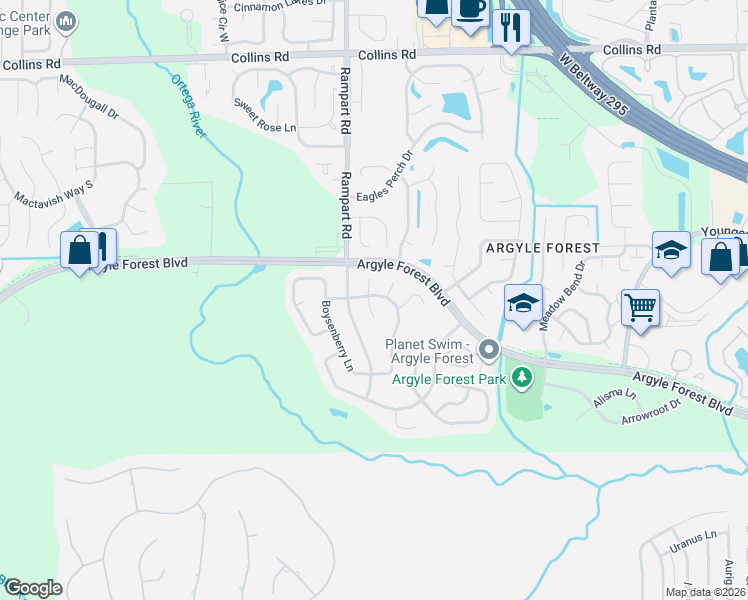 map of restaurants, bars, coffee shops, grocery stores, and more near 7234 Blackberry Lane North in Jacksonville