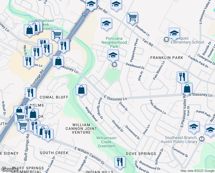 map of restaurants, bars, coffee shops, grocery stores, and more near 2104 Conestoga Trail in Austin