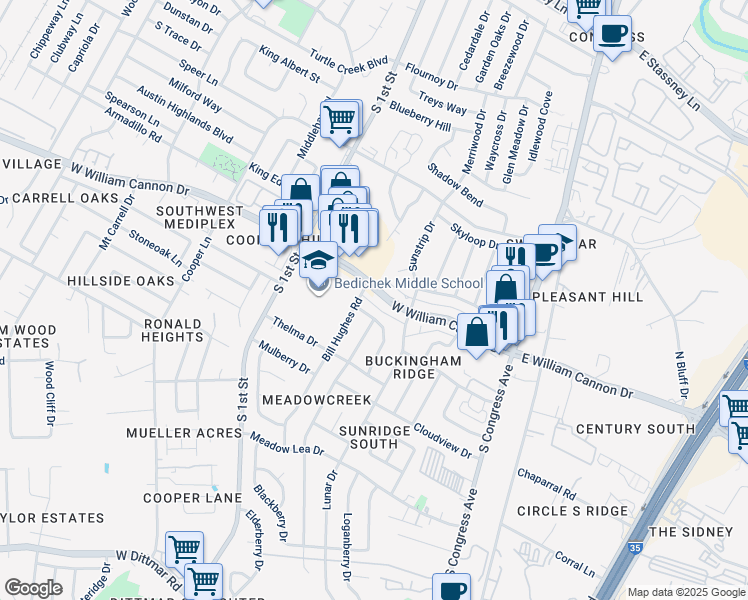 map of restaurants, bars, coffee shops, grocery stores, and more near 321 West William Cannon Drive in Austin