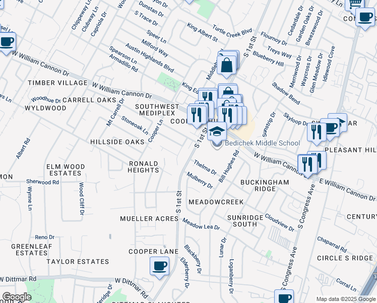 map of restaurants, bars, coffee shops, grocery stores, and more near 6902 South 1st Street in Austin