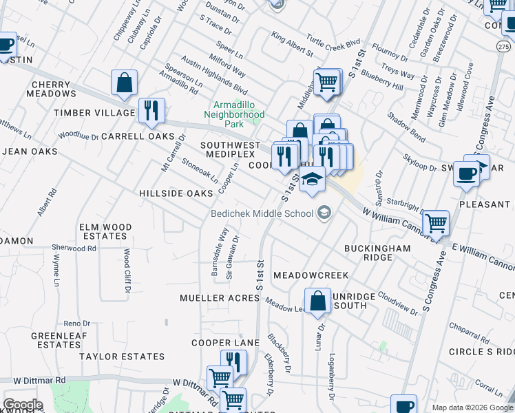 map of restaurants, bars, coffee shops, grocery stores, and more near 704 Plumpton Drive in Austin