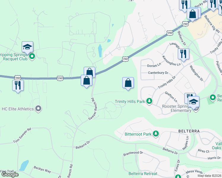 map of restaurants, bars, coffee shops, grocery stores, and more near 279 Rugged Earth Drive in Austin