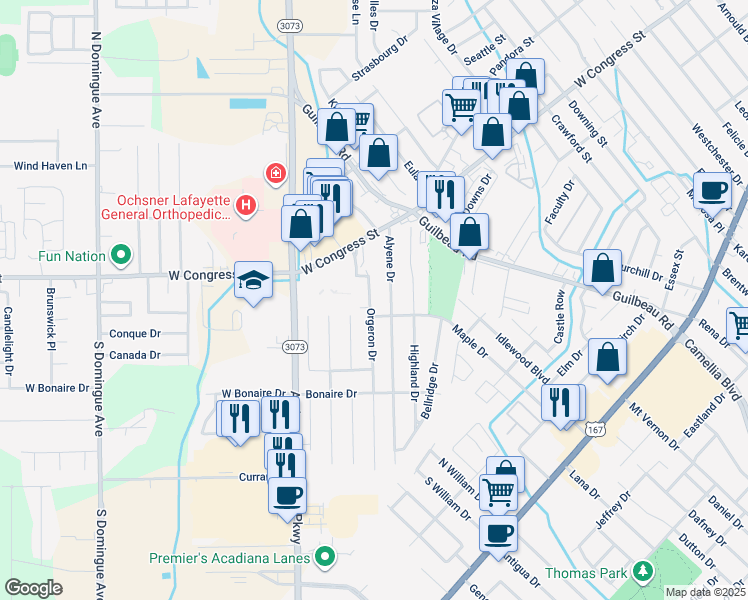 map of restaurants, bars, coffee shops, grocery stores, and more near 121 Orgeron Drive in Lafayette