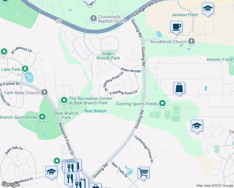 map of restaurants, bars, coffee shops, grocery stores, and more near 103 East Sterling Pond Circle in Spring