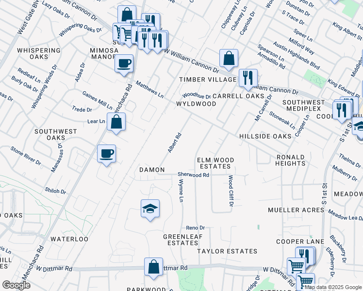 map of restaurants, bars, coffee shops, grocery stores, and more near 7407 Albert Road in Austin