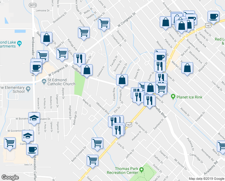 map of restaurants, bars, coffee shops, grocery stores, and more near 106 Castle Row in Lafayette