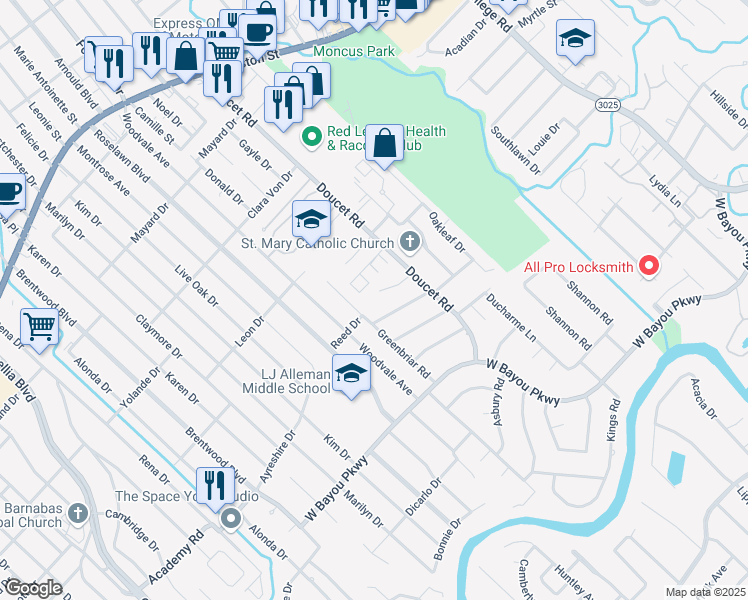 map of restaurants, bars, coffee shops, grocery stores, and more near 116 Michelle Circle in Lafayette