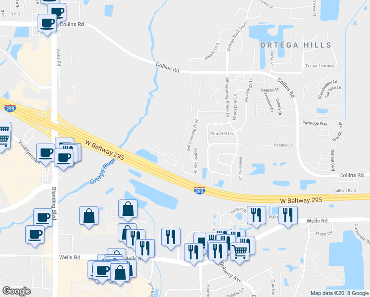 map of restaurants, bars, coffee shops, grocery stores, and more near 8408 Oak Crossing Drive West in Jacksonville