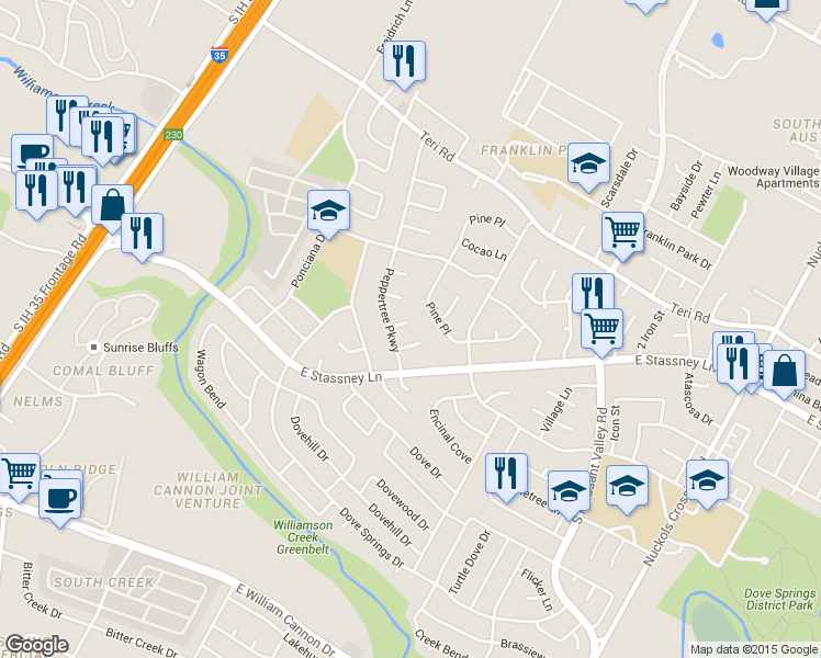 map of restaurants, bars, coffee shops, grocery stores, and more near 2307 Tamarisk Circle in Austin