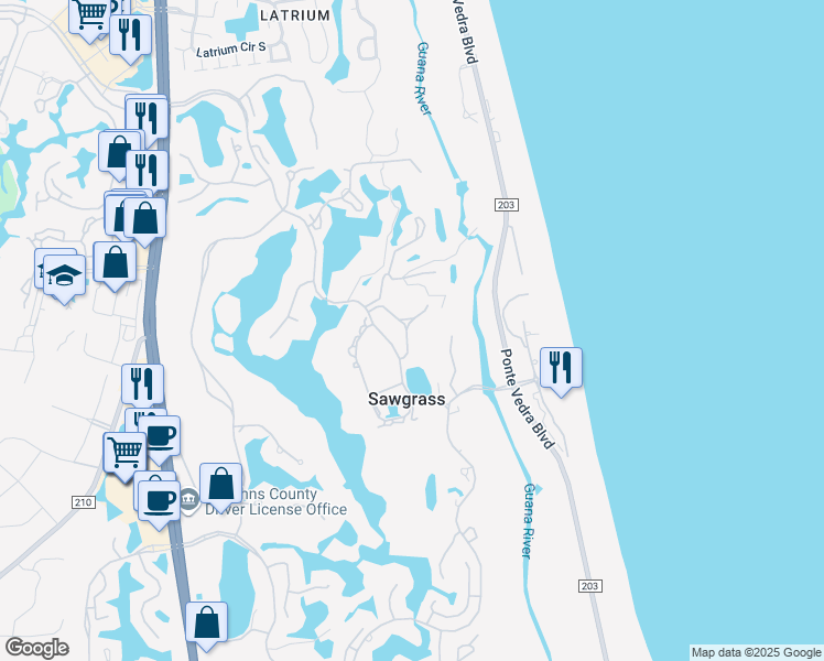 map of restaurants, bars, coffee shops, grocery stores, and more near 348 Quail Pointe Drive in Ponte Vedra Beach