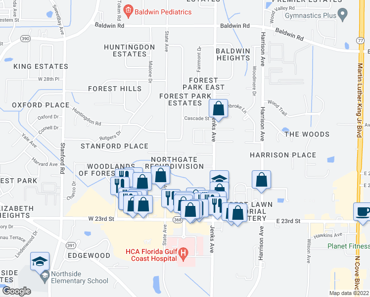 map of restaurants, bars, coffee shops, grocery stores, and more near 606 Frederick Street in Panama City
