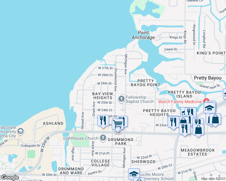 map of restaurants, bars, coffee shops, grocery stores, and more near 2511 Drummond Avenue in Panama City