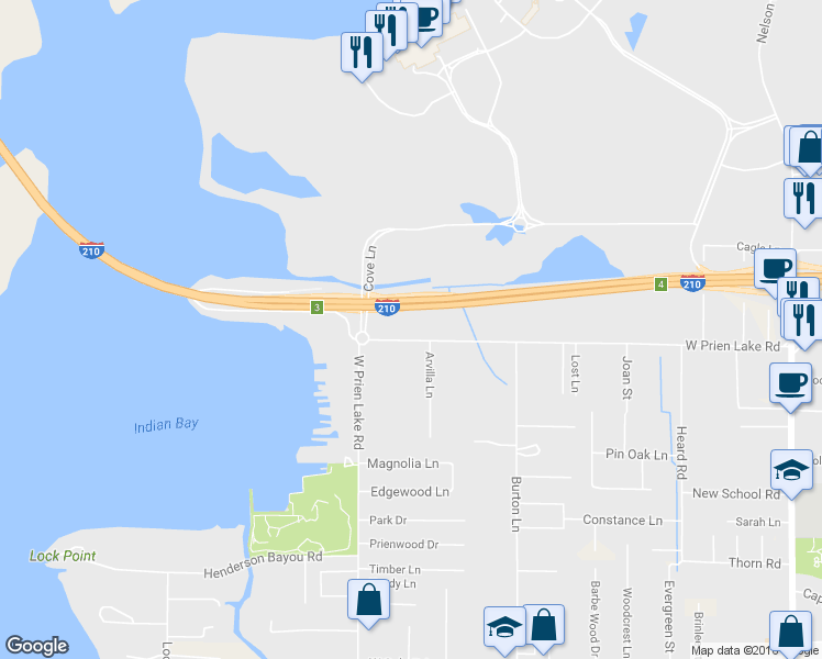 map of restaurants, bars, coffee shops, grocery stores, and more near 2634 W Prien Lake Rd in Lake Charles