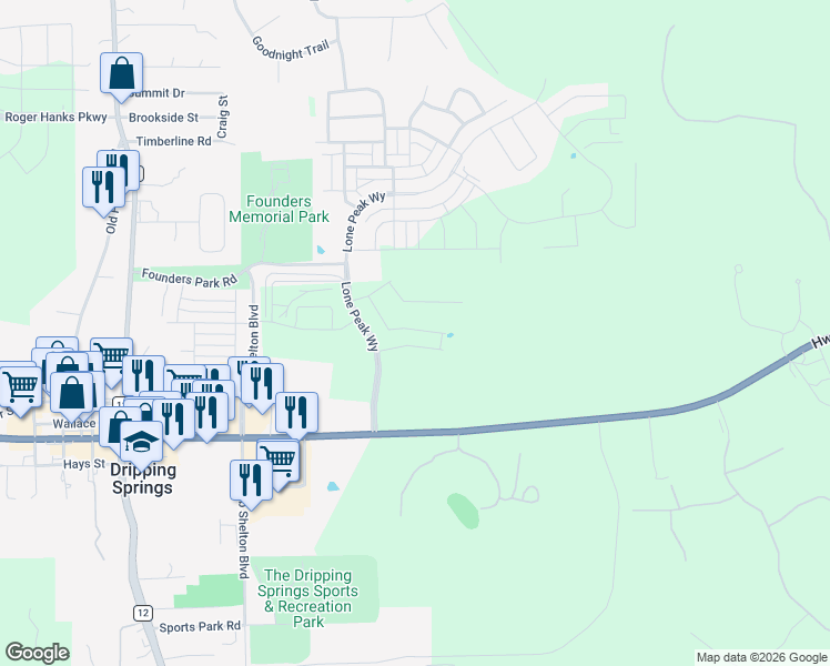 map of restaurants, bars, coffee shops, grocery stores, and more near Cannon Ranch Road in Dripping Springs