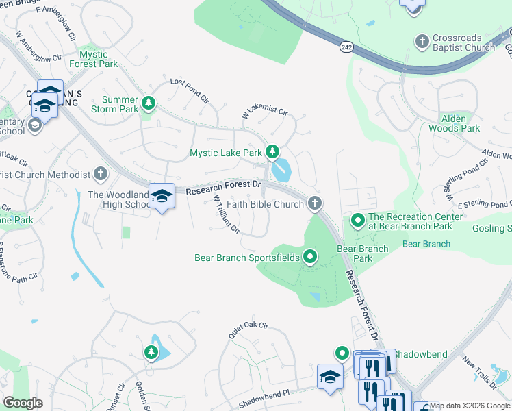 map of restaurants, bars, coffee shops, grocery stores, and more near 34 Sweetdream Place in Spring
