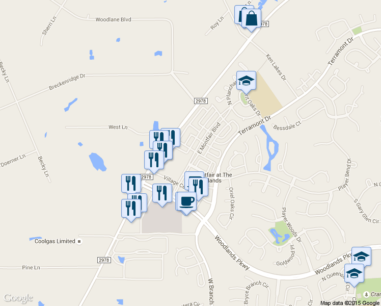 map of restaurants, bars, coffee shops, grocery stores, and more near 126 West Montfair Boulevard in The Woodlands