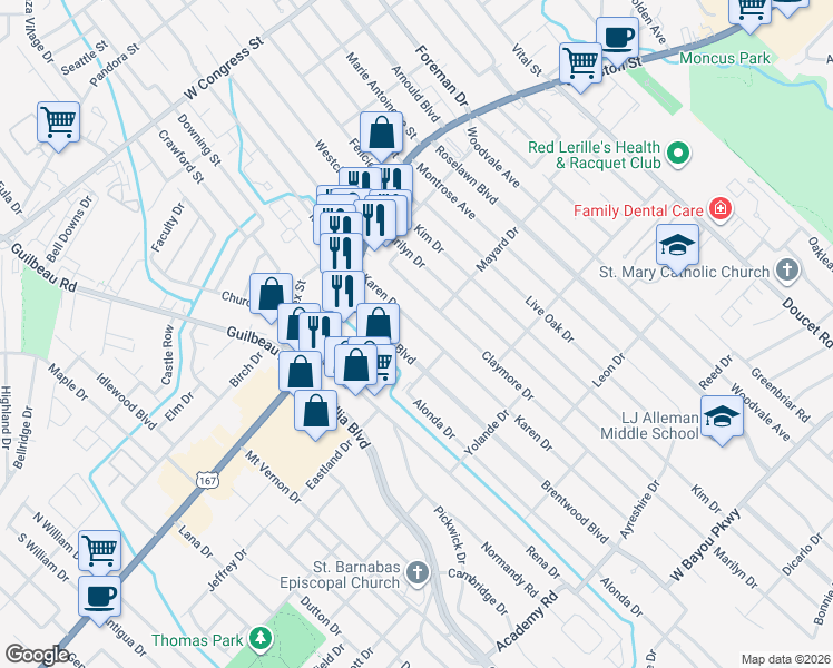 map of restaurants, bars, coffee shops, grocery stores, and more near 118 Karen Drive in Lafayette