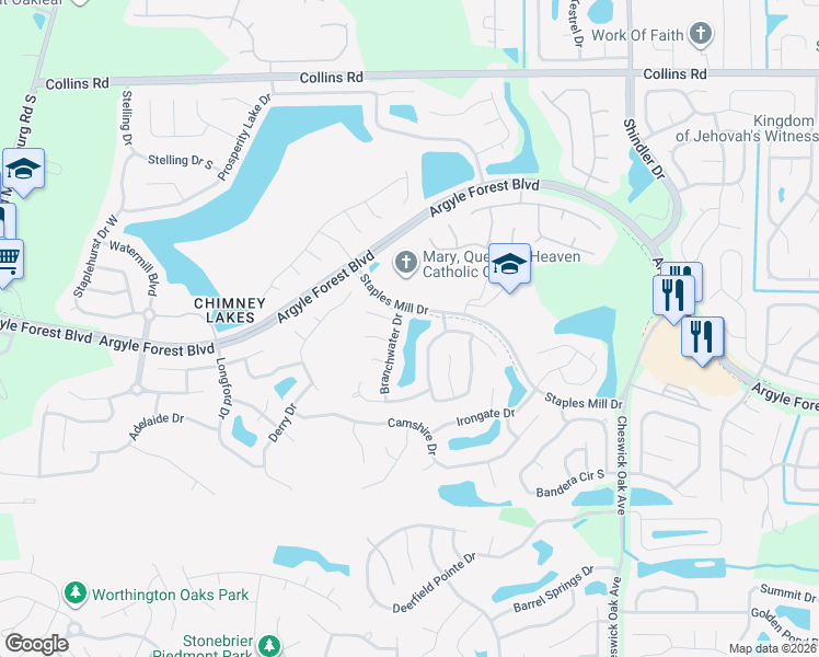 map of restaurants, bars, coffee shops, grocery stores, and more near 8417 Branchwater Drive in Jacksonville