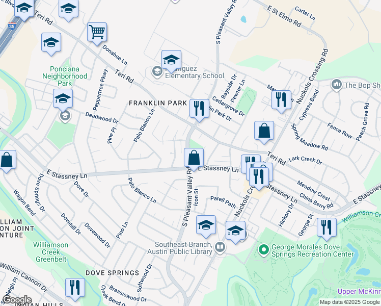 map of restaurants, bars, coffee shops, grocery stores, and more near 5305A South Pleasant Valley Road in Austin