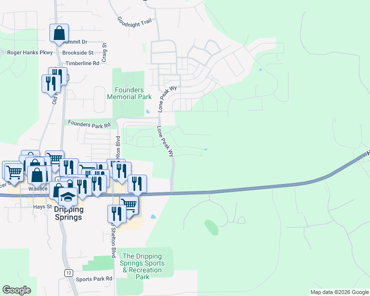 map of restaurants, bars, coffee shops, grocery stores, and more near Cannon Ranch Road in Dripping Springs