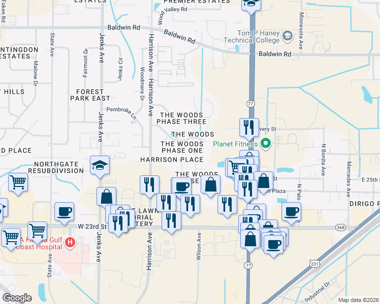 map of restaurants, bars, coffee shops, grocery stores, and more near 2533-2699 Parkwood Drive in Panama City