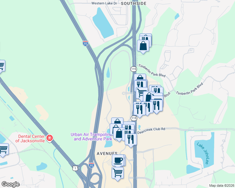 map of restaurants, bars, coffee shops, grocery stores, and more near 9000 Southside Boulevard in Jacksonville