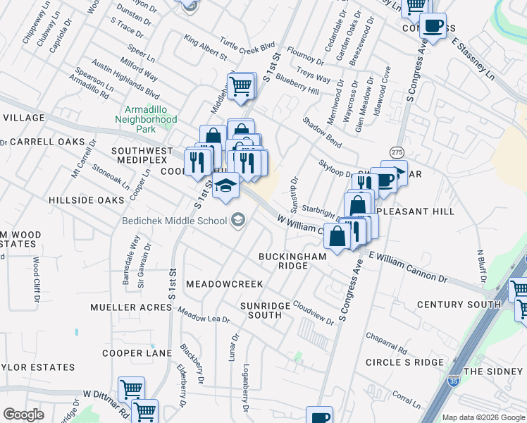 map of restaurants, bars, coffee shops, grocery stores, and more near 321 West William Cannon Drive in Austin