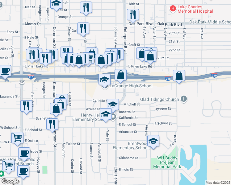 map of restaurants, bars, coffee shops, grocery stores, and more near 3420 Louisiana Avenue in Lake Charles