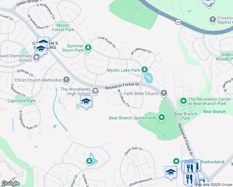 map of restaurants, bars, coffee shops, grocery stores, and more near 11 Amber Fire Place in Spring